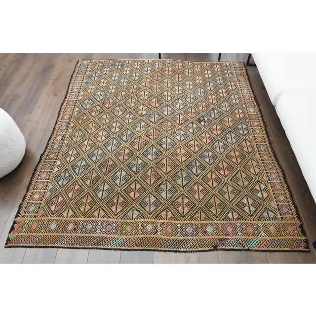 1970s vintage Turkish Oushak handmade wool cotton beige runner rug 185x212