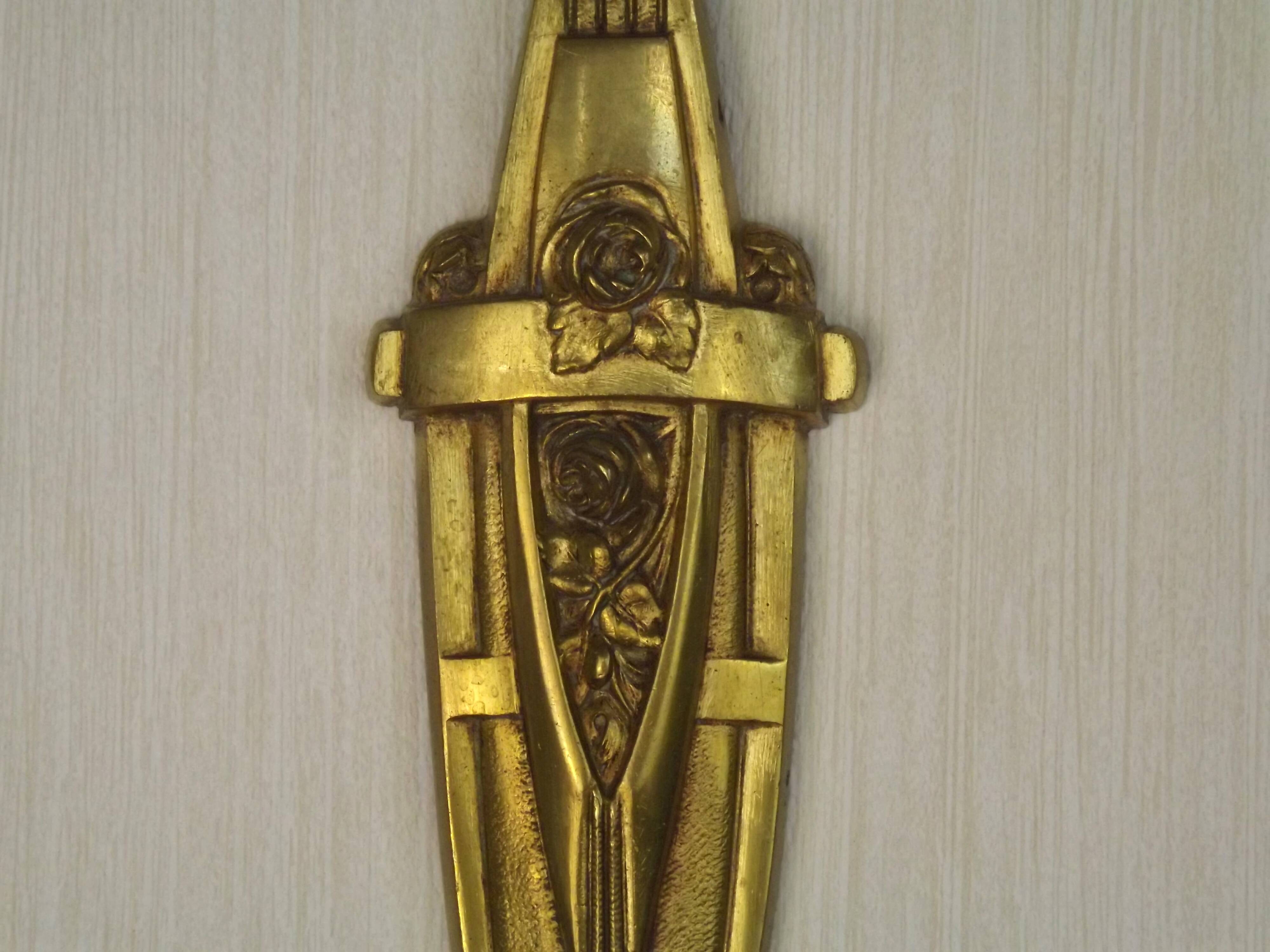 French Art Deco Brass Single Wall Light Rose Bud White & Green Shade 5507