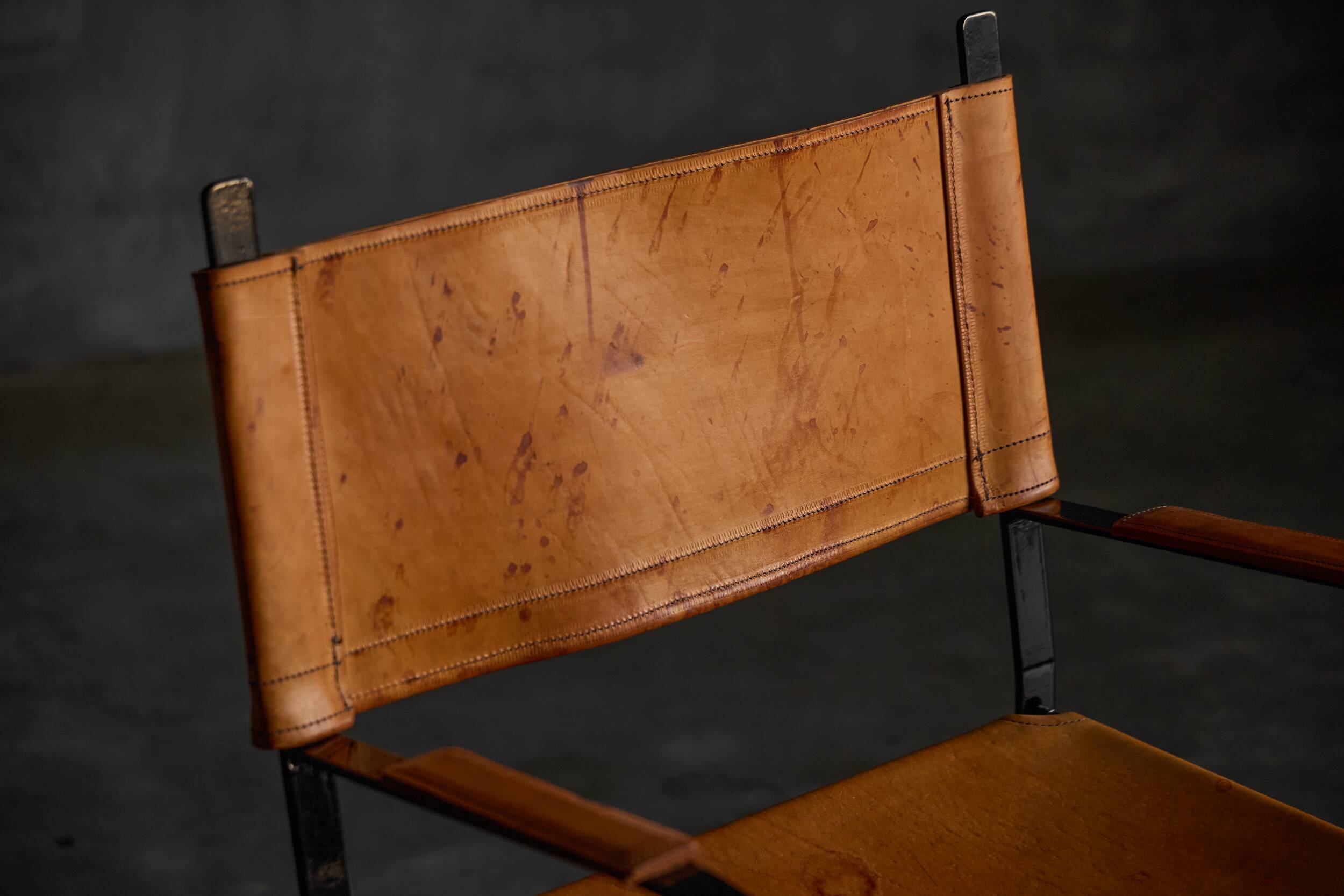 Cognac Leather Armchair, Black Lacquer Steel Frame, Belgium, 1960s