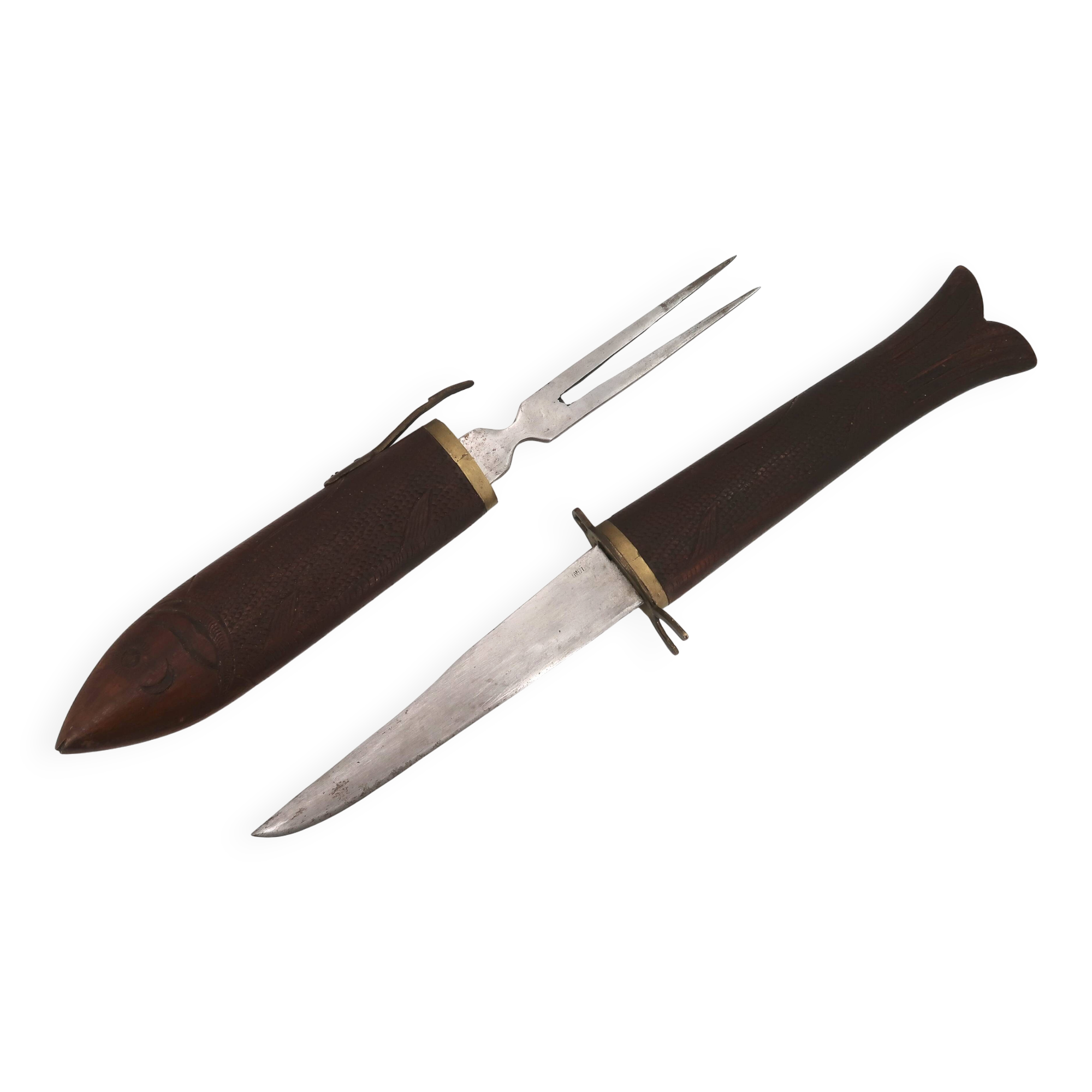 Fish knife and fork with a wooden and brass sheath sculpture.