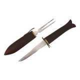 Fish knife and fork with a wooden and brass sheath sculpture.