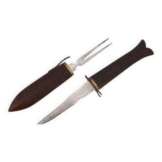 Fish knife and fork with a wooden and brass sheath sculpture.