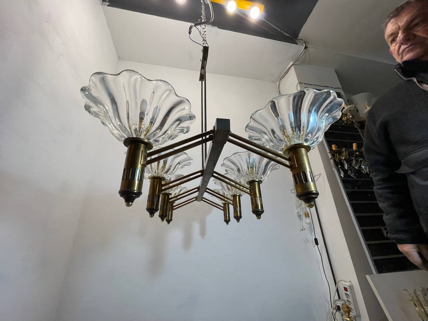 Large Rectangular Murano Glass Bronze Barovier Chandelier 1940’s
