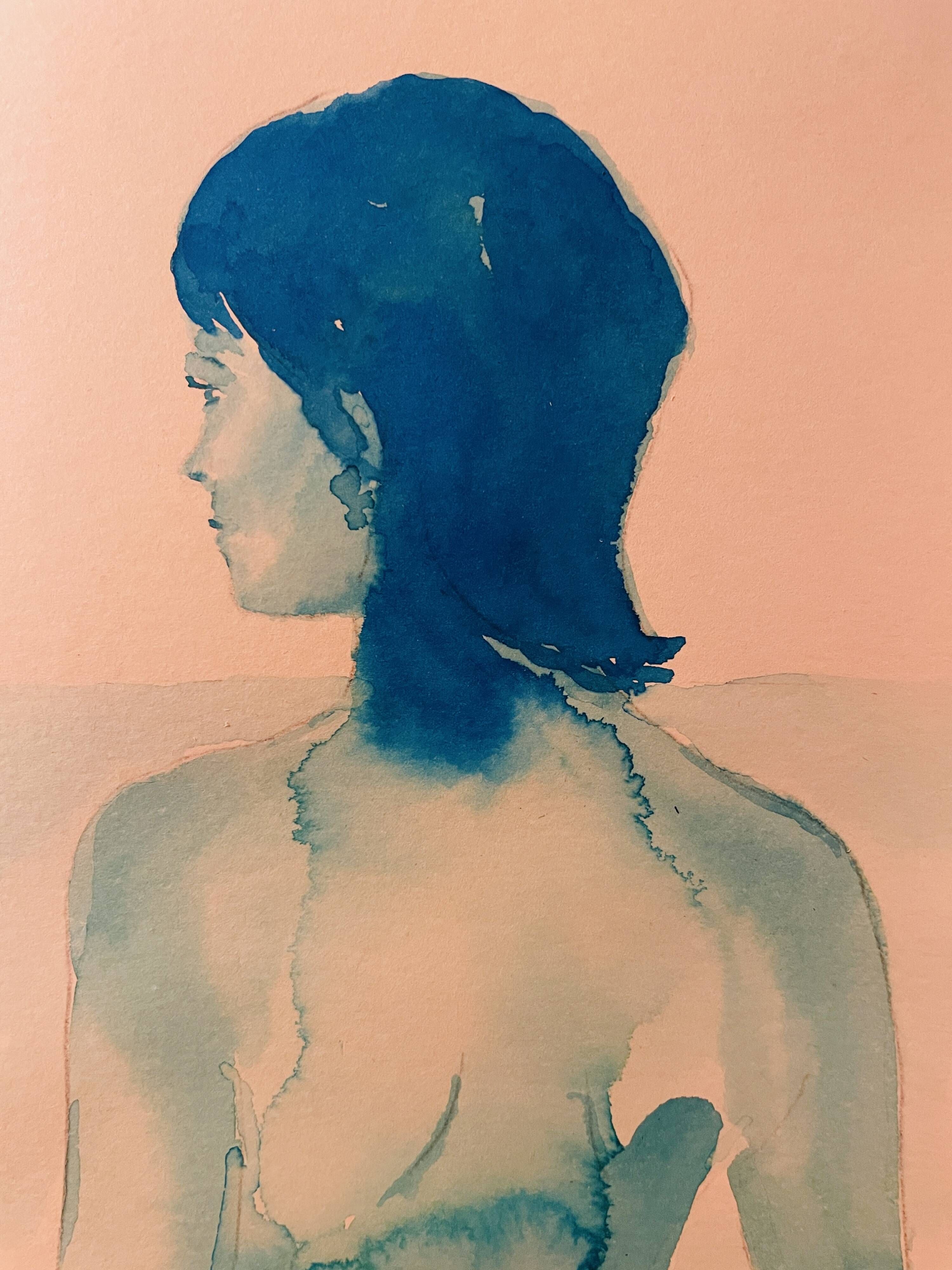 Signed monochrome blue painting of a female portrait "Weekend in Capri" Italy