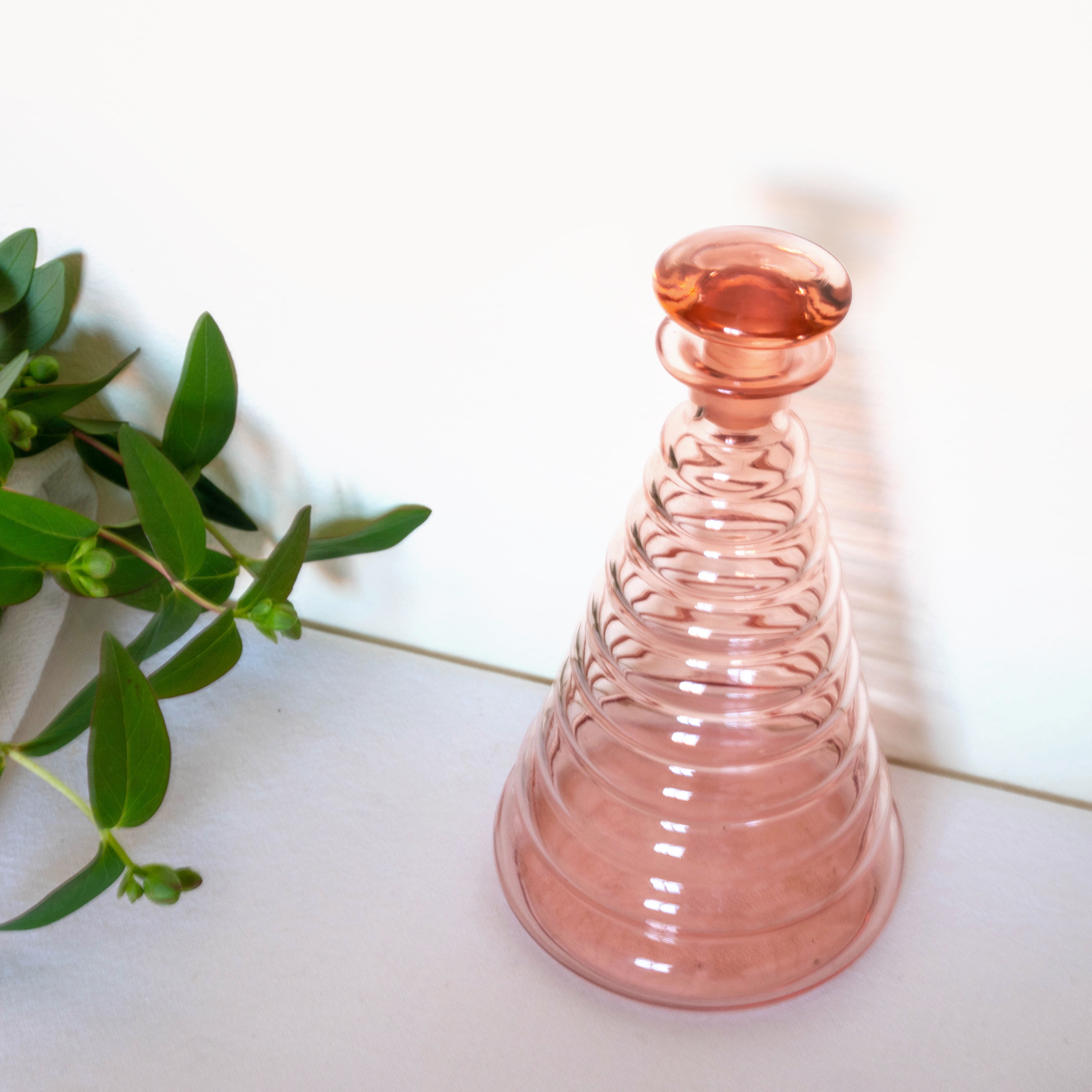 Old pink glass liqueur carafe and 2 glasses