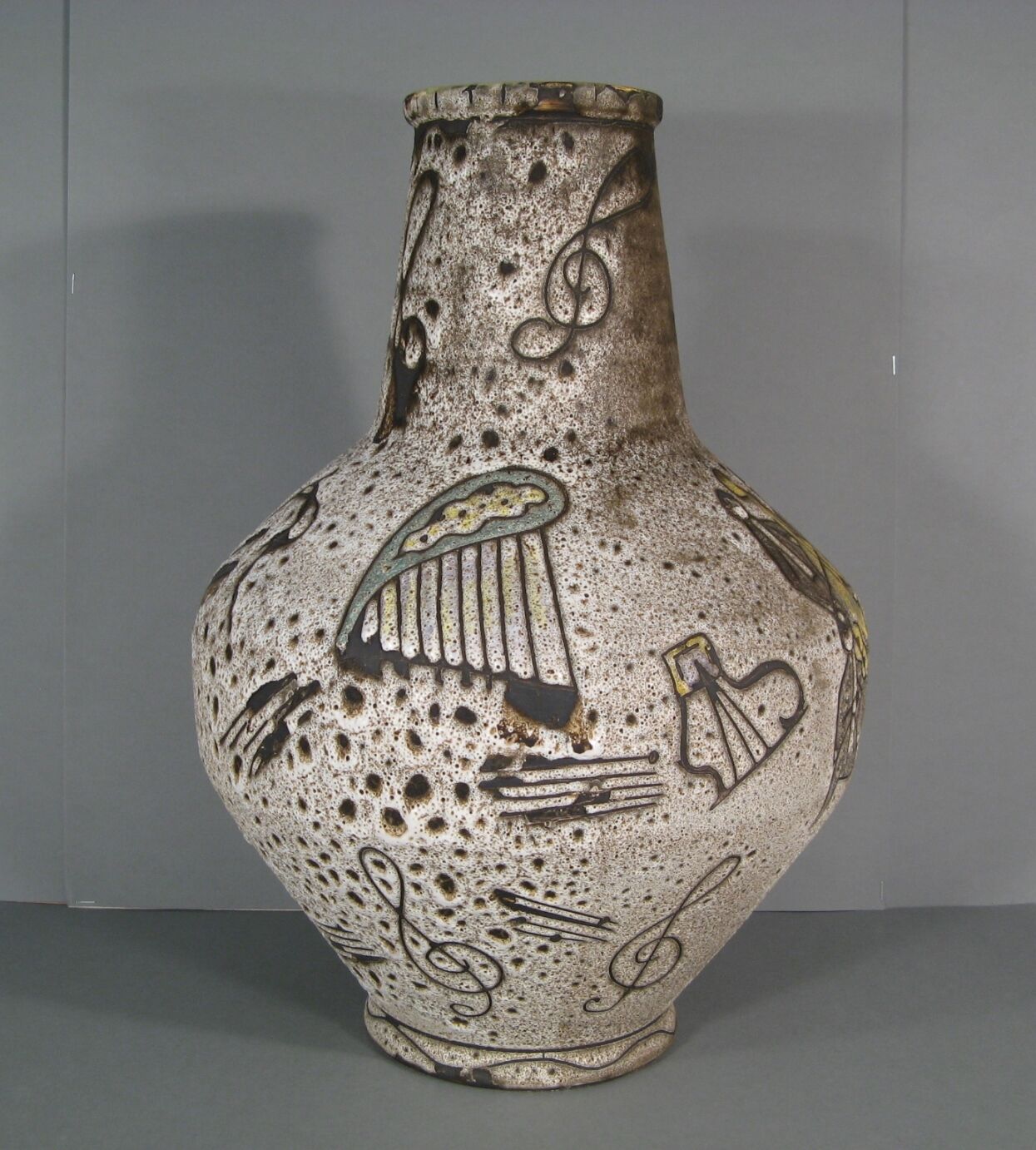 Vallauris ceramic vase signed Bessone décor orchestra instrument music