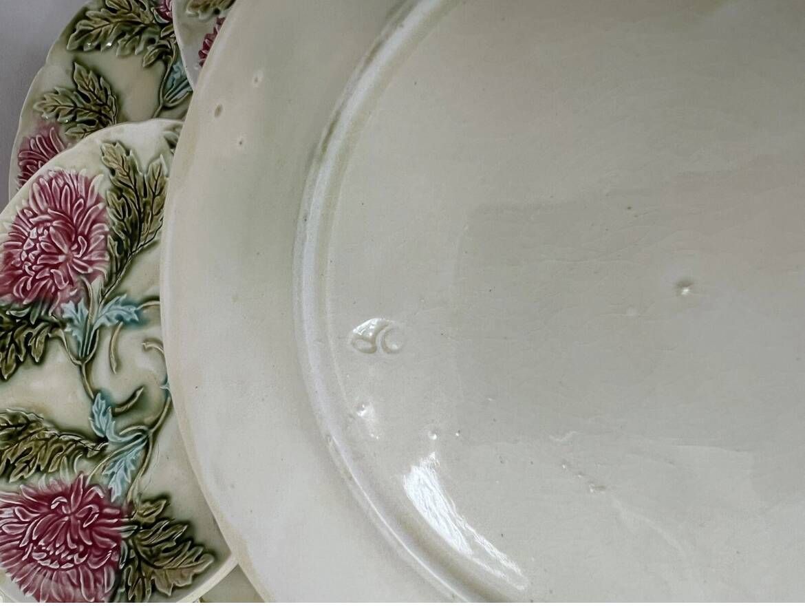 Rare Set of 16 Art Nouveau Chrysanthemum Barbotine Plates, Onnaing