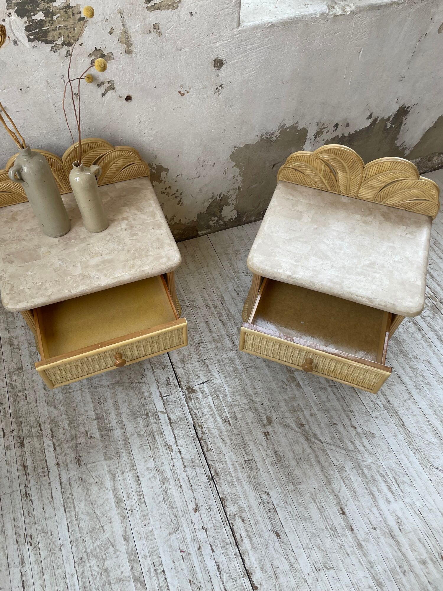 Pair of travertine bedside and rattan palm tree "vivai del sud"