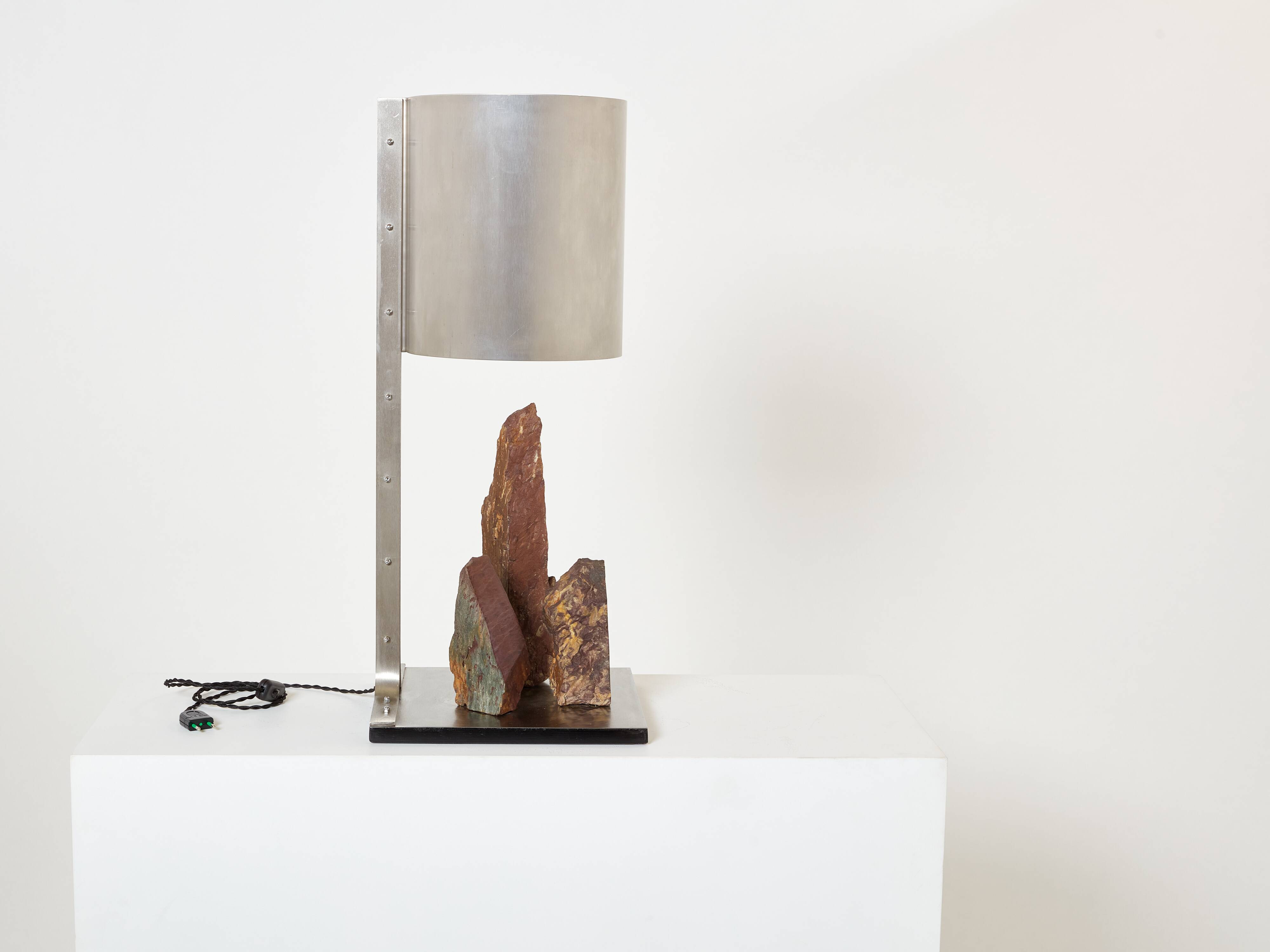Brutalist lamp signed Philippe Jean steel and red schist 1970