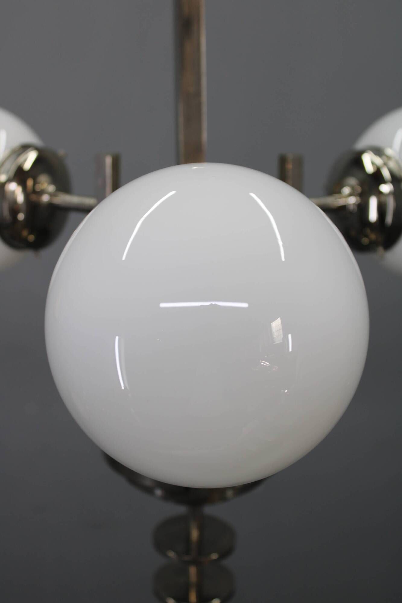Czechoslovak Art Deco nickel chandelier with three opaline glass globes