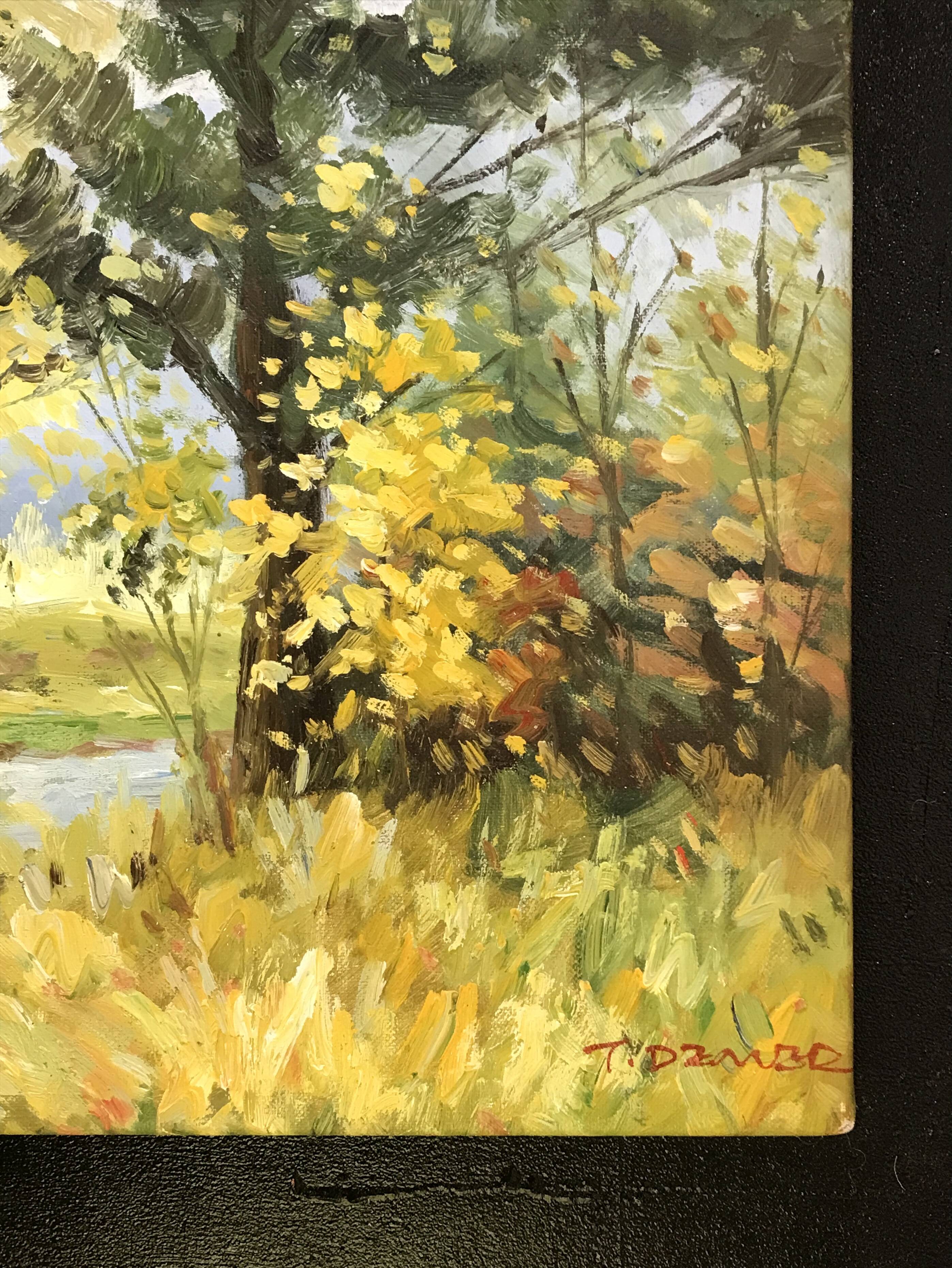 Old oil on canvas "Stream in the autumn countryside"
