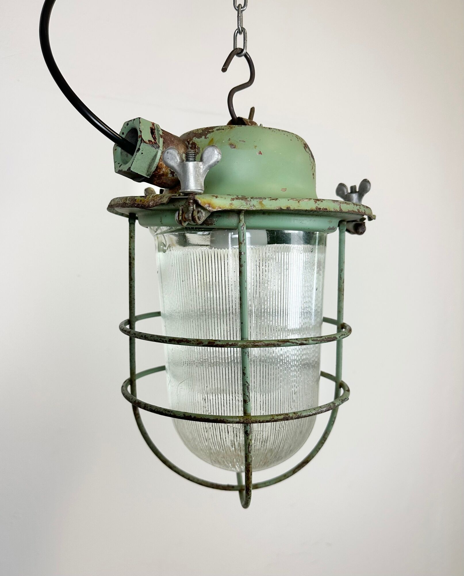 Green Industrial Soviet Bunker Pendant Light with Iron Grid, 1960s