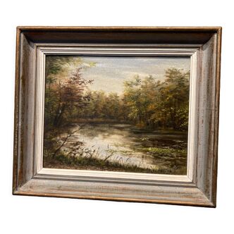 Painting depicting a lake in the middle of the forest