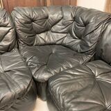 Vintage Black Leather Sofa Design Circa 1980