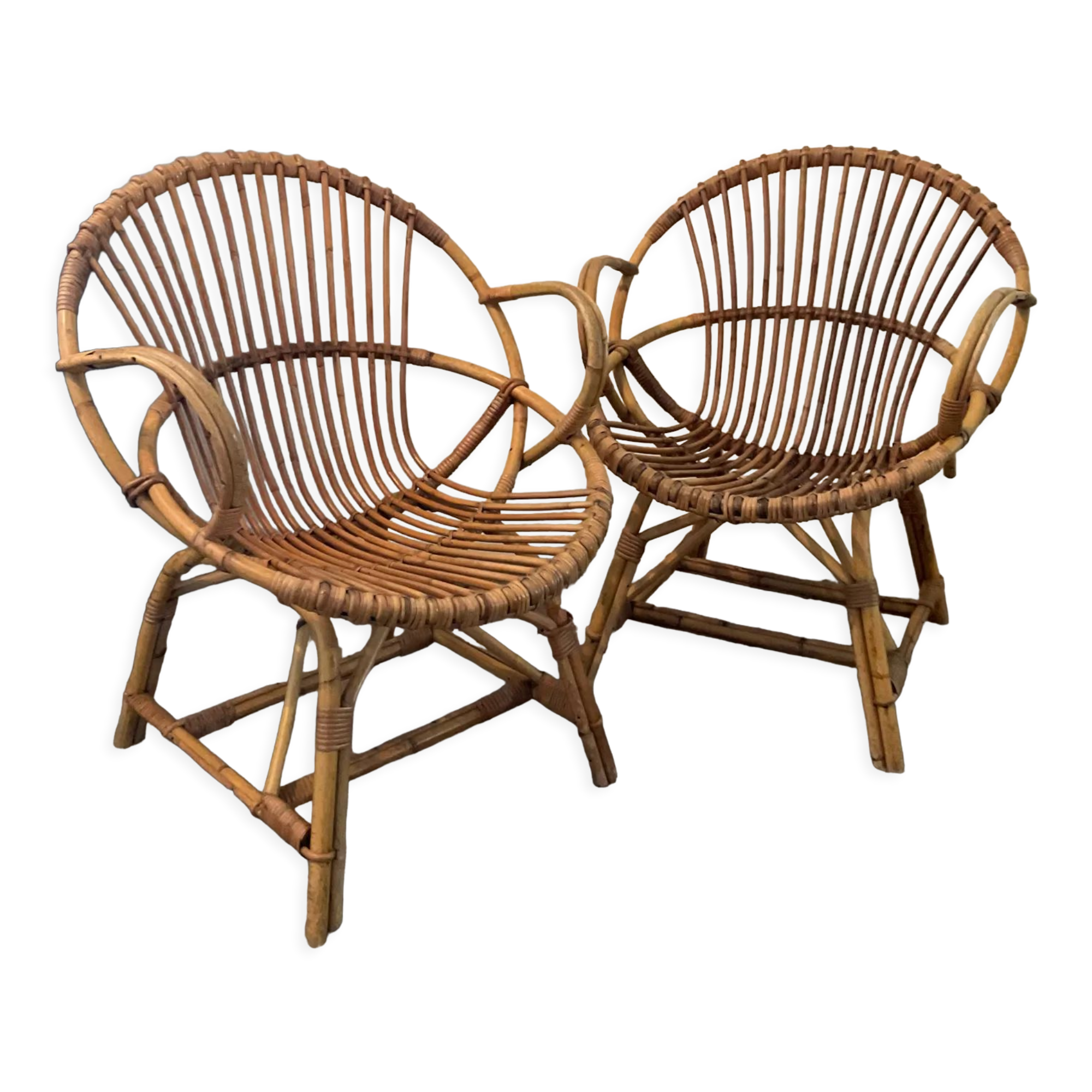 Pair of rattan shell armchairs 60s