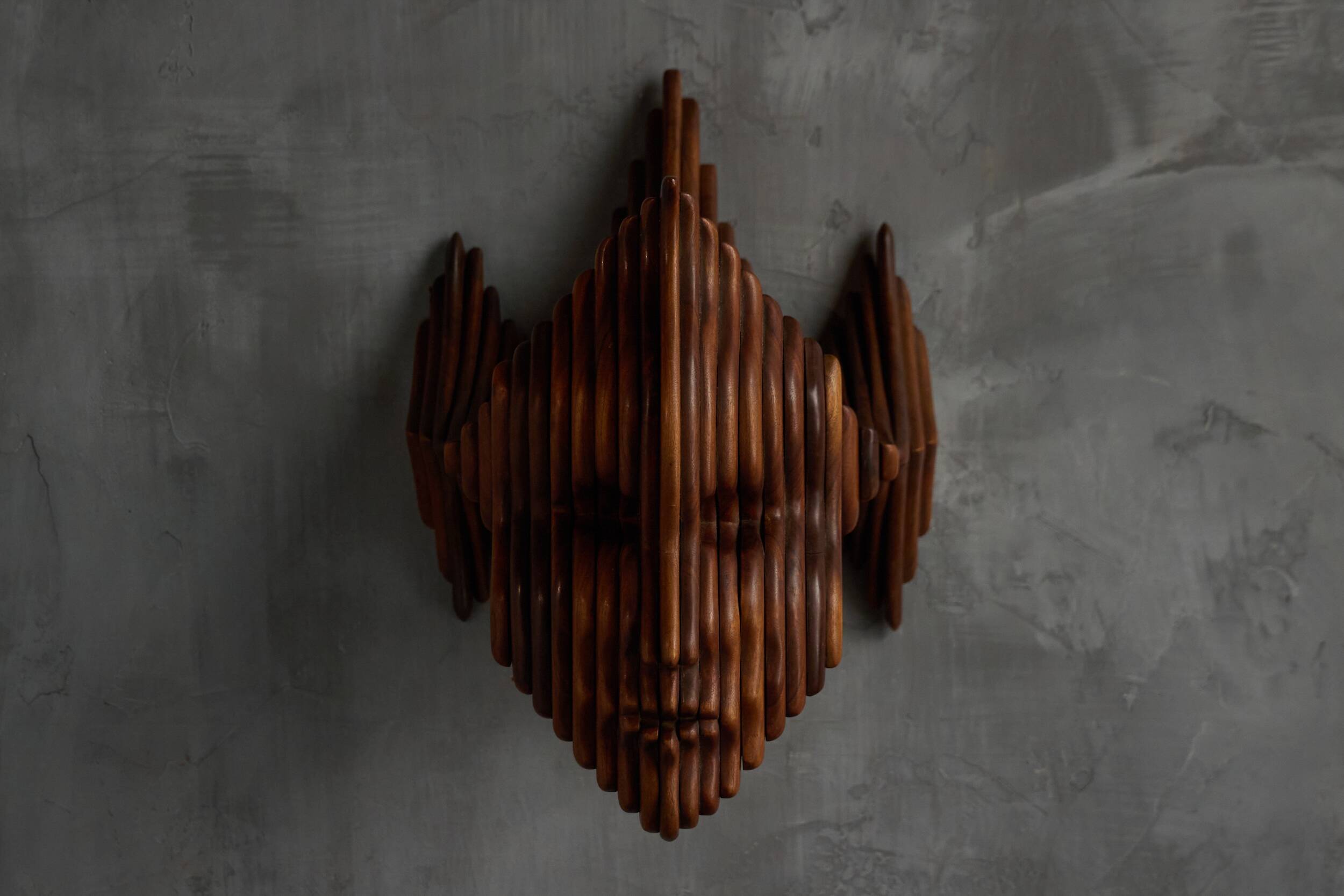 Sculptural carved wooden mask wall panel, France, 1970s