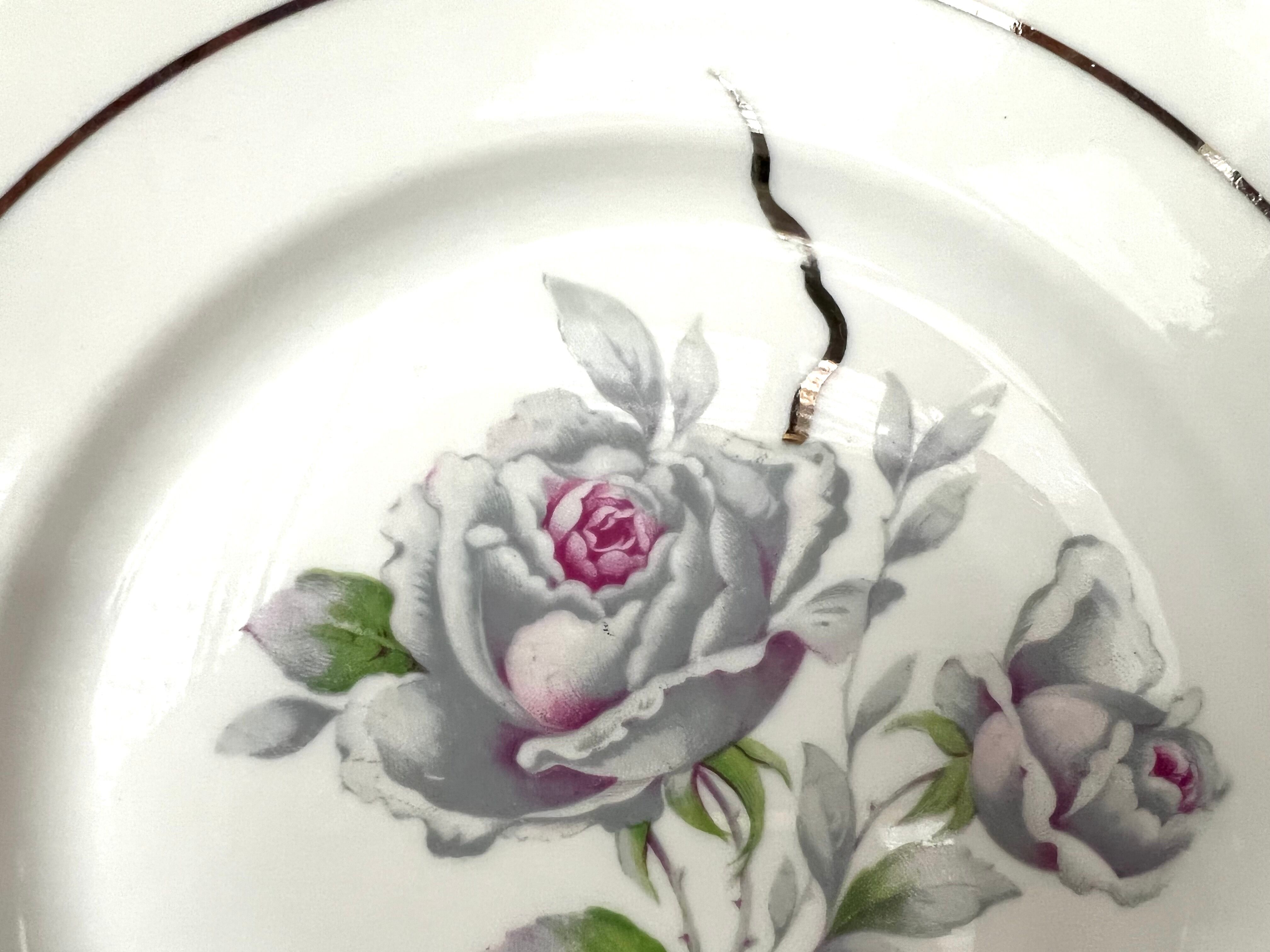 6 plates dessert pink flower shabby limoges porcelain
