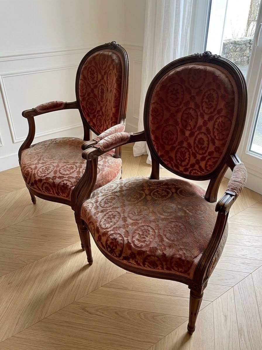 Louis XVI living room set: sofa and 4 armchairs in wood and pink velvet.