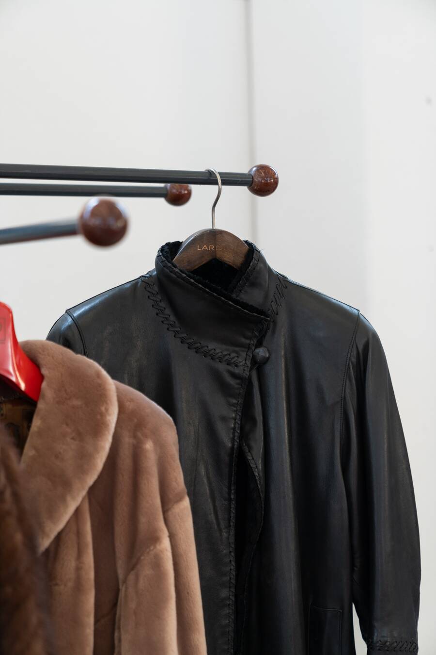 Wooden and brass coat rack, set of 4, 1970s