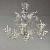 Venetian Chandelier in Colorless Murano Glass, 6 Light Arms Circa 1930