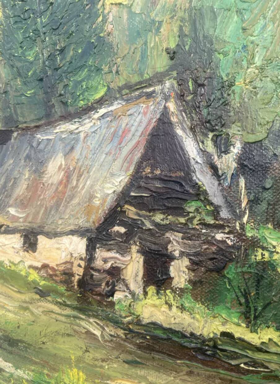 Knife-stamped painting of a mountain