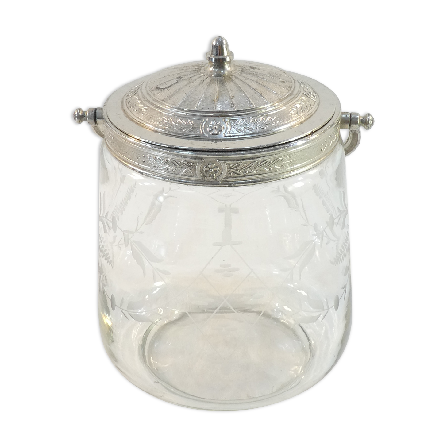 1900 glass cookie bucket engraved silver metal frame