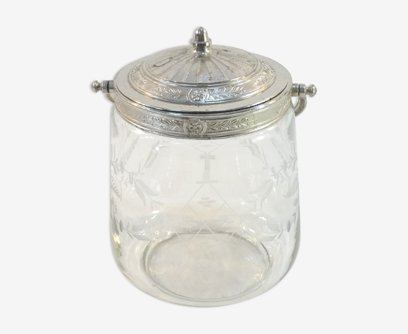 Seau a biscuit 1900 en verre gravé monture en métal argenté