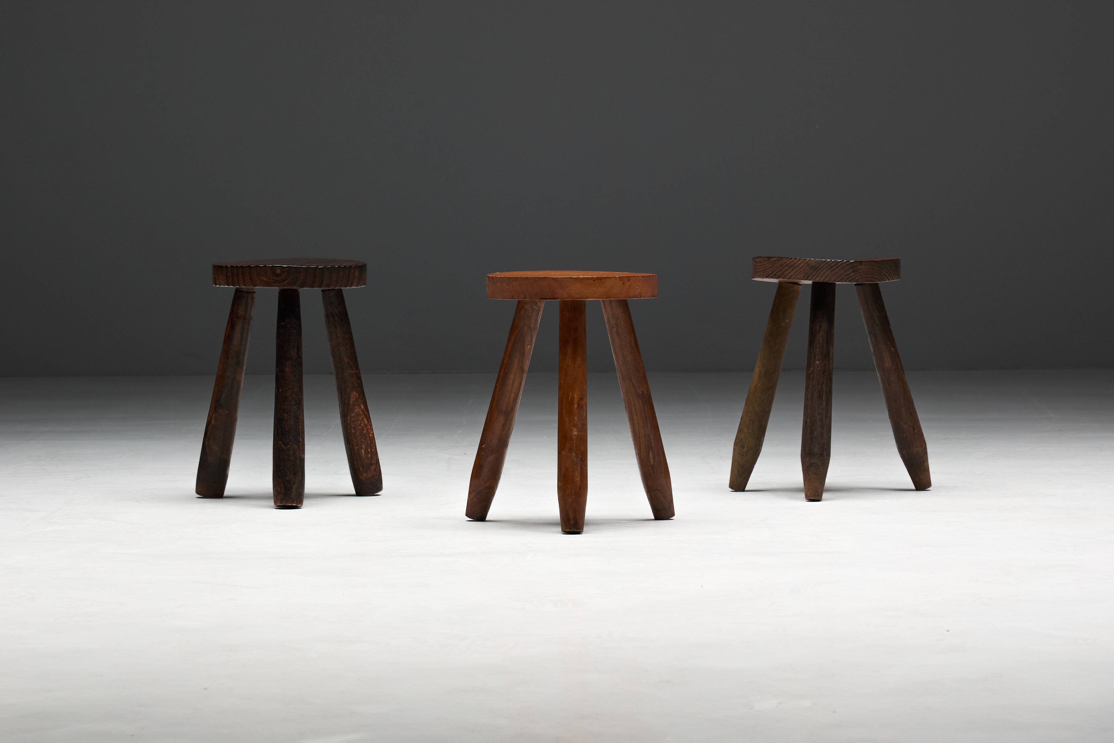 Brutalist Tripod Stools, France, 1960s