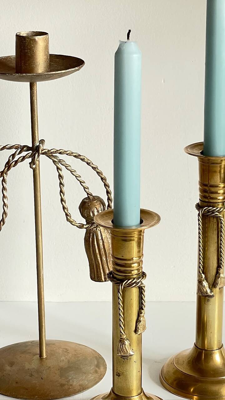 Trio of vintage knotted candlesticks brass