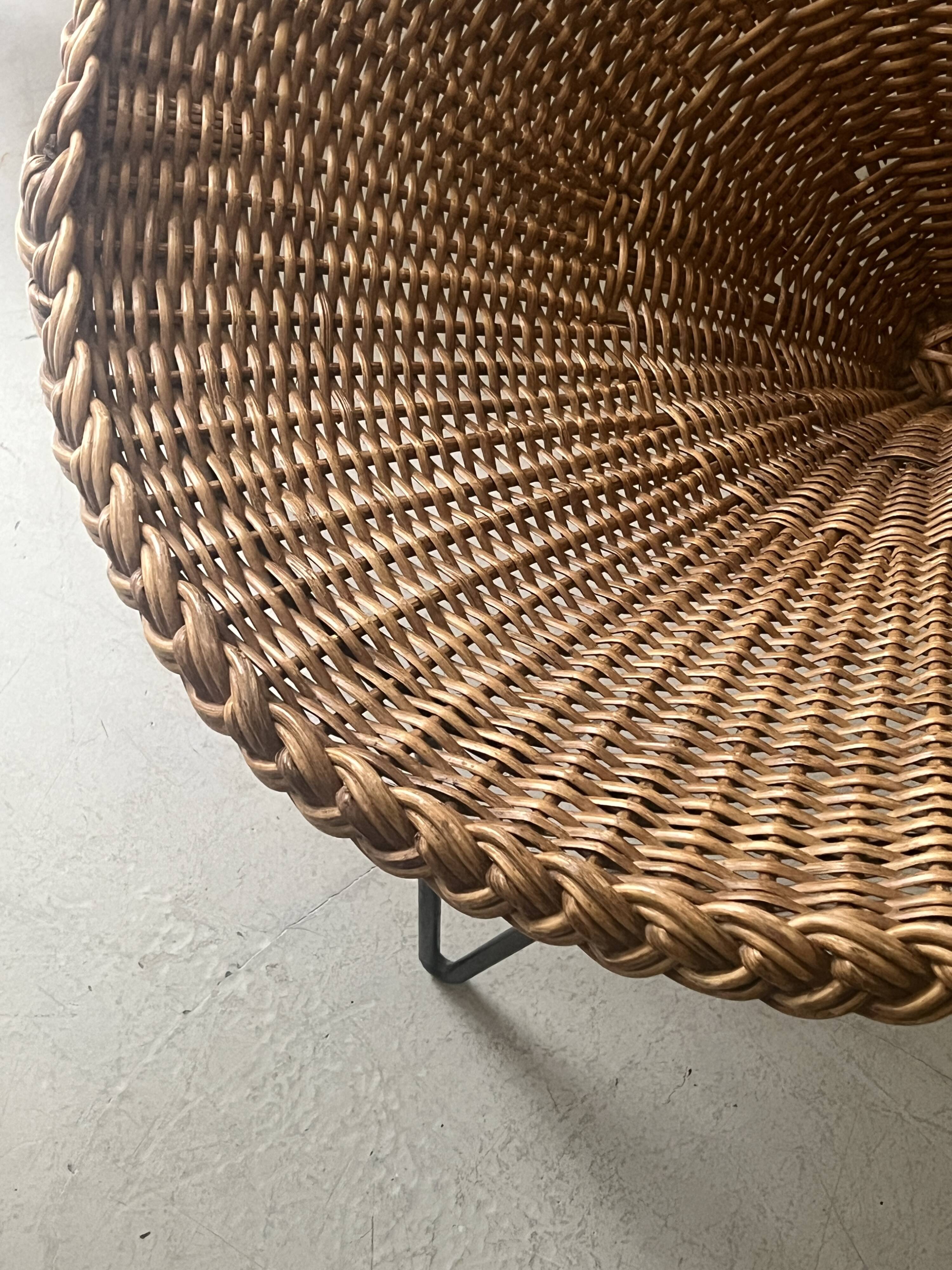 Italian sunflowers armchair in rattan and black metal, 1950s design.
