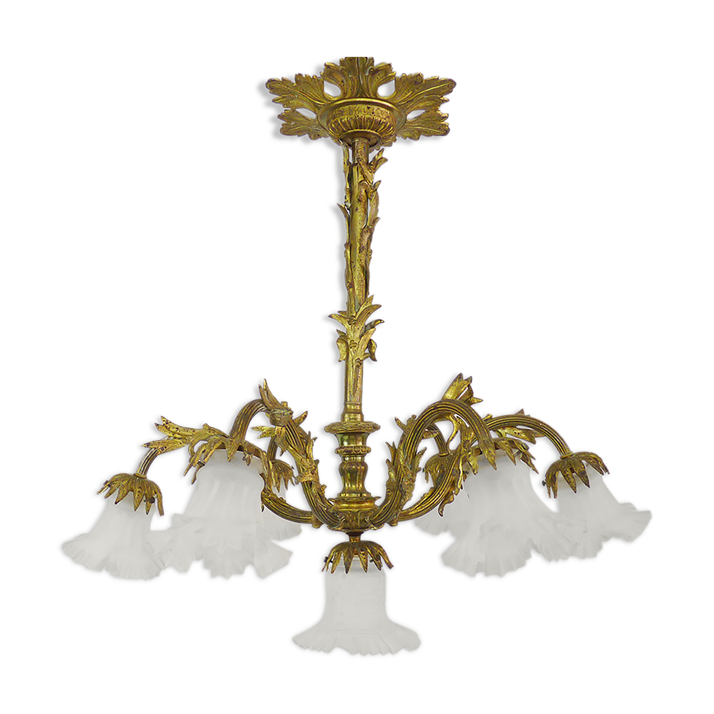 Old bronze chandelier with glass tulips with 7 fires. Nineteenth chandelier