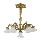 Old bronze chandelier with glass tulips with 7 fires. Nineteenth chandelier