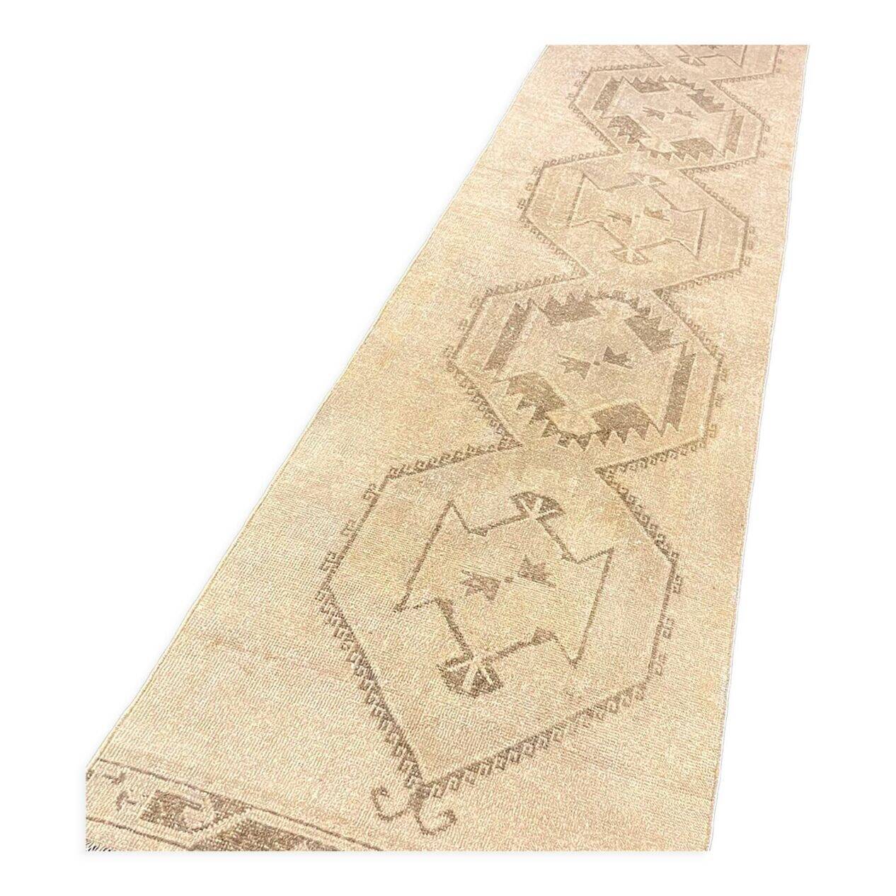 Vintage Handmade Soft Beige and Brown Long Hallway Runner