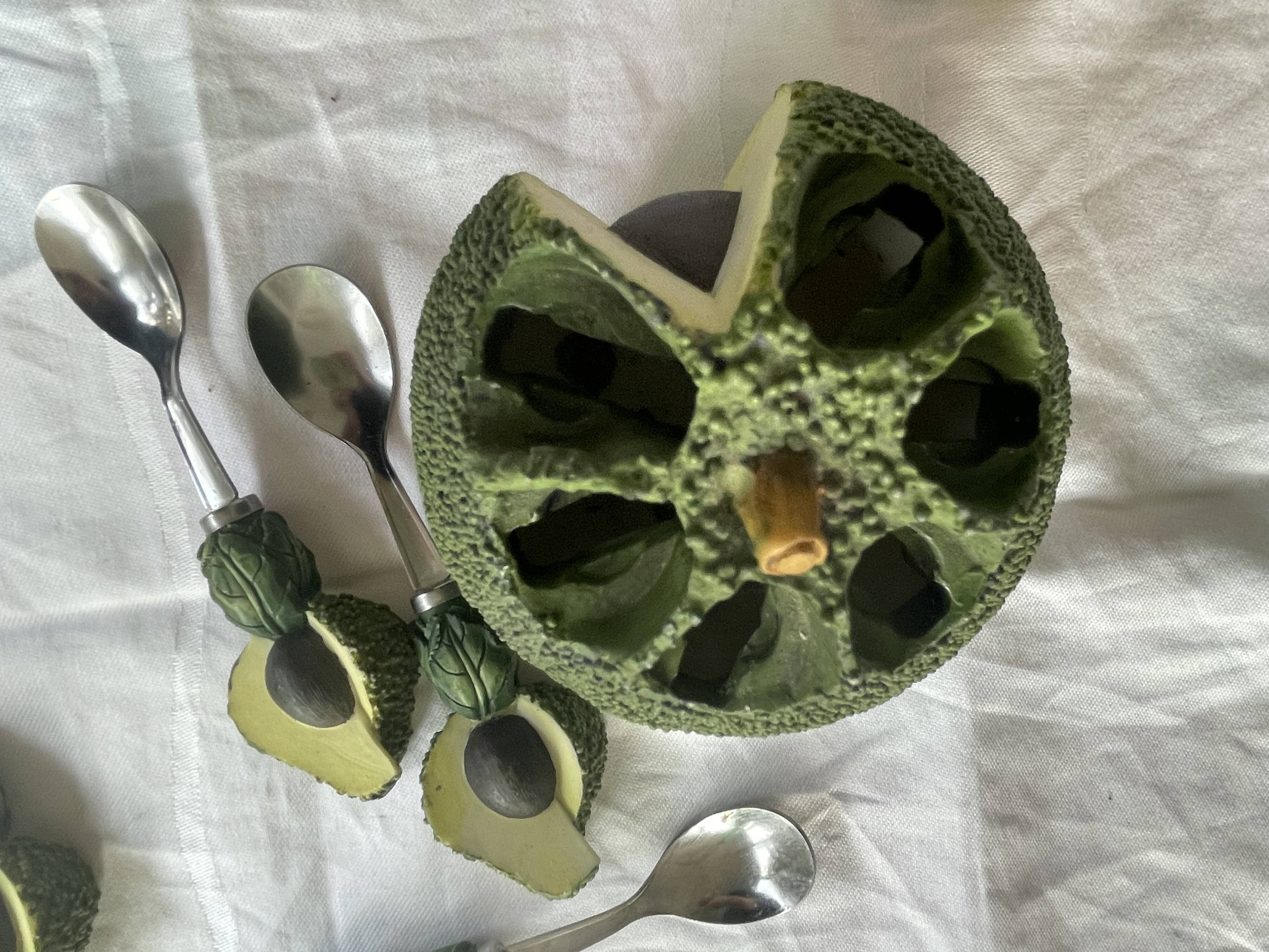 Barbotine-style avocado and 6 avocado spoons Vintage 80 Siléa