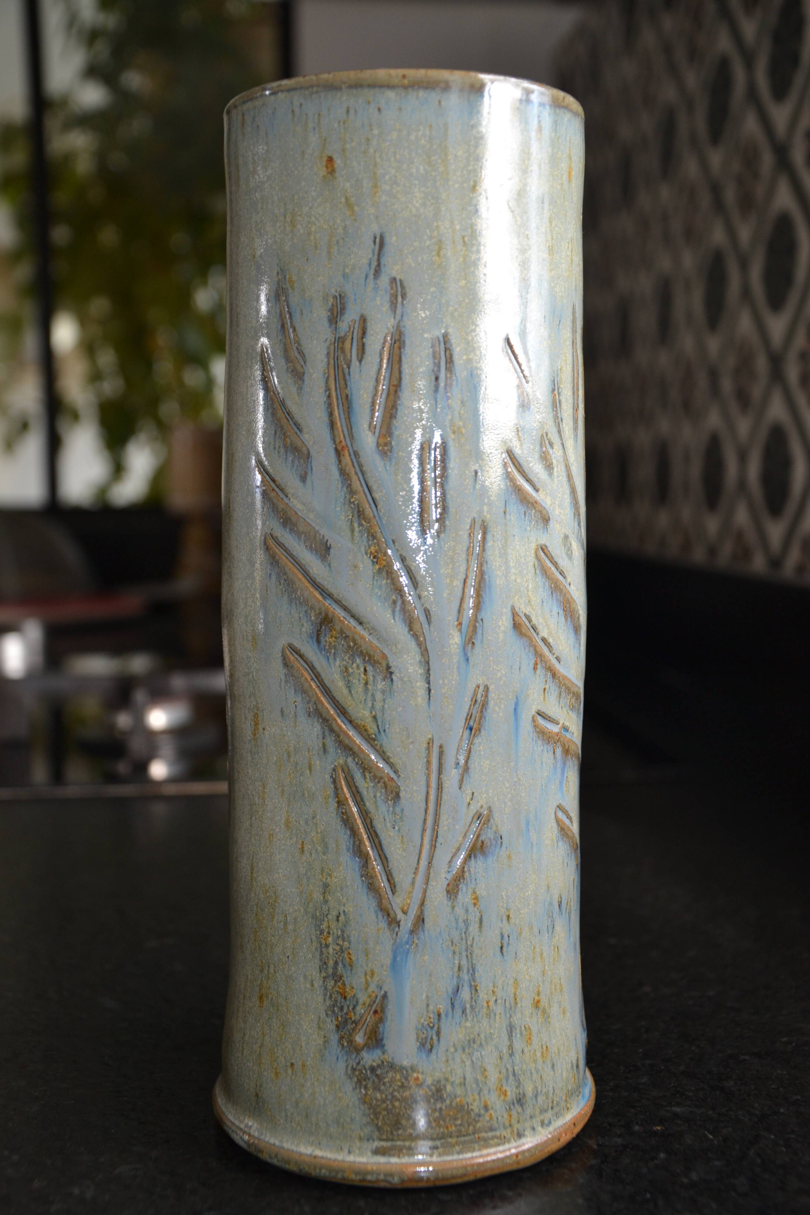 Signed chiseled and glazed stoneware roller/tube vase