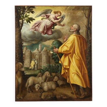 Ancient painting of Saint Joachim and the angel, oil on canvas, 16th century.