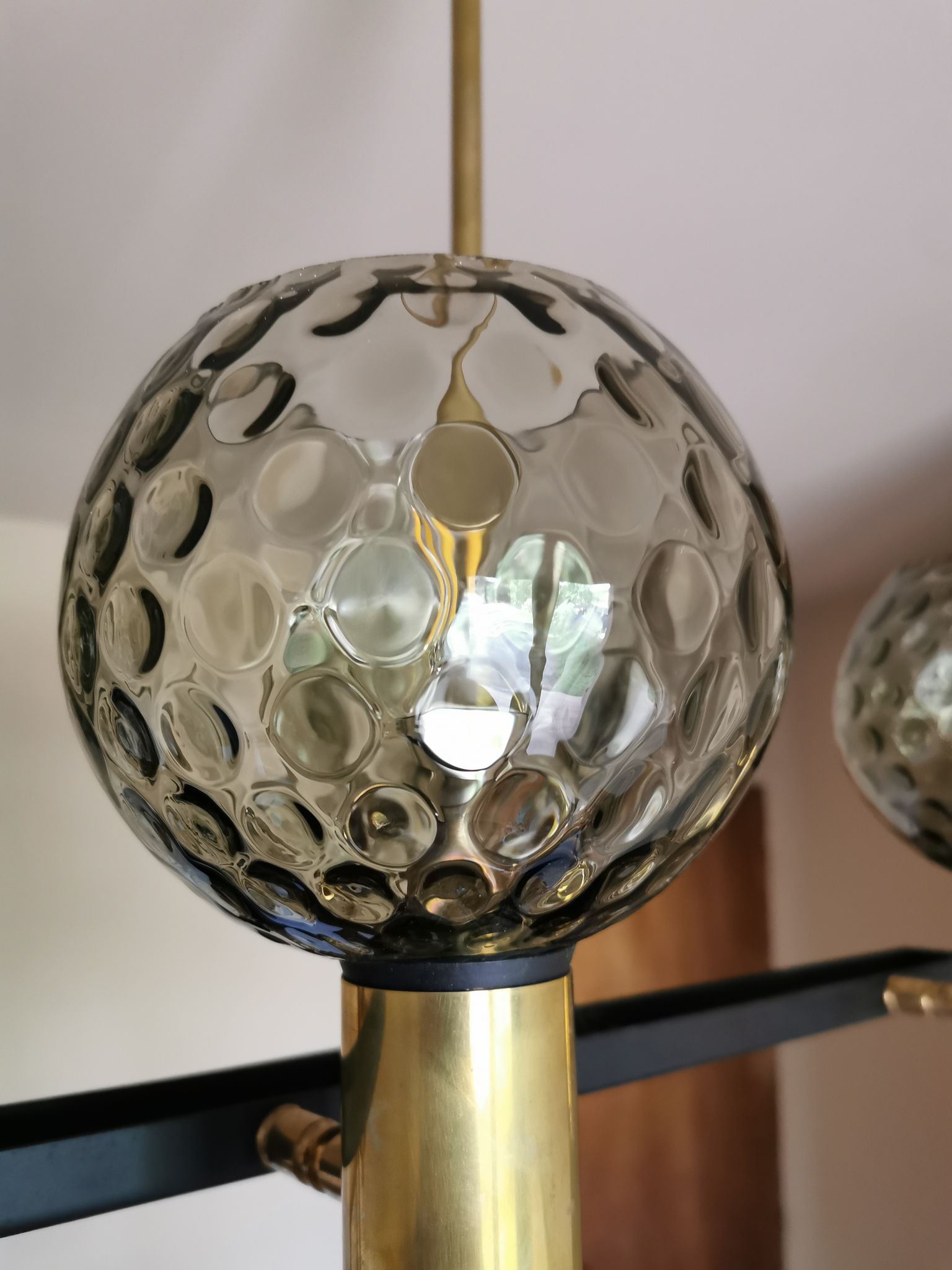 Vintage metal painted chandelier, brass and glass.