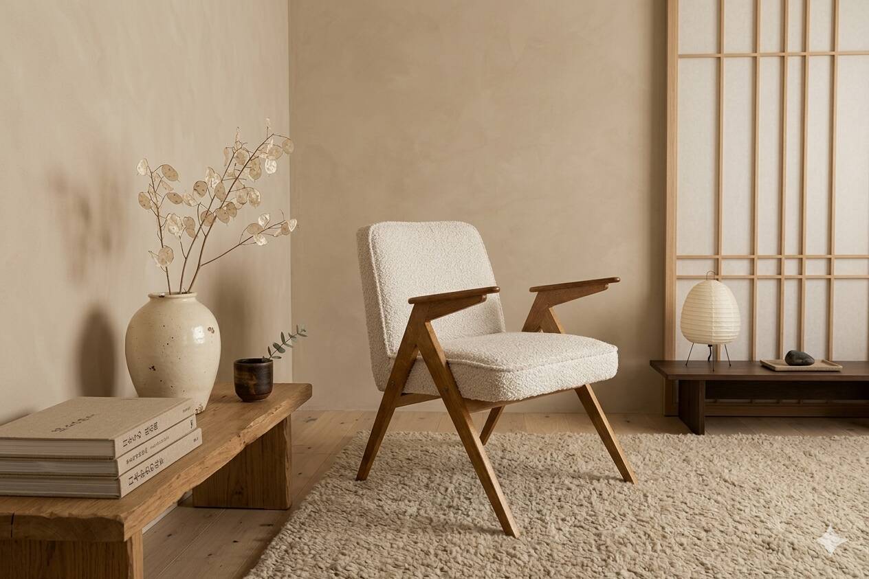 Vintage armchair in rustic oak with pearl bouclé, designed by Chierowski.