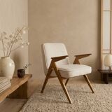 Vintage armchair in rustic oak with pearl bouclé, designed by Chierowski.