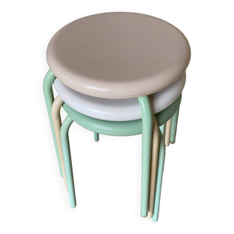 Set of 3 Vintage Stools - Molded Plastic Seat, Covered Iron Leg