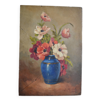 bouquet de fleurs peinture huile sur bois fin XIXème début XXème émile michel