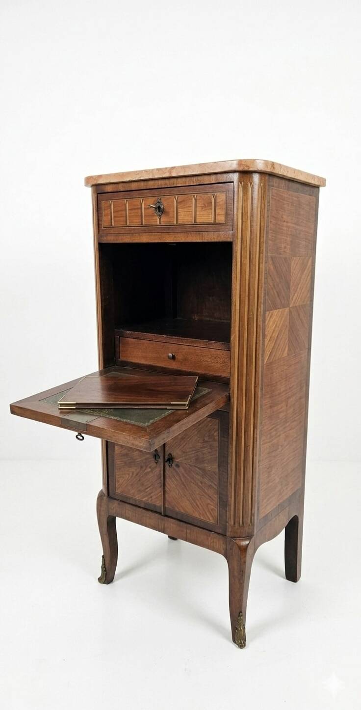 Louis XV style secretary with marquetry and marble top.