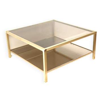 Grande table basse vintage Hollywood Regency en laiton et verre fumé des années 1970