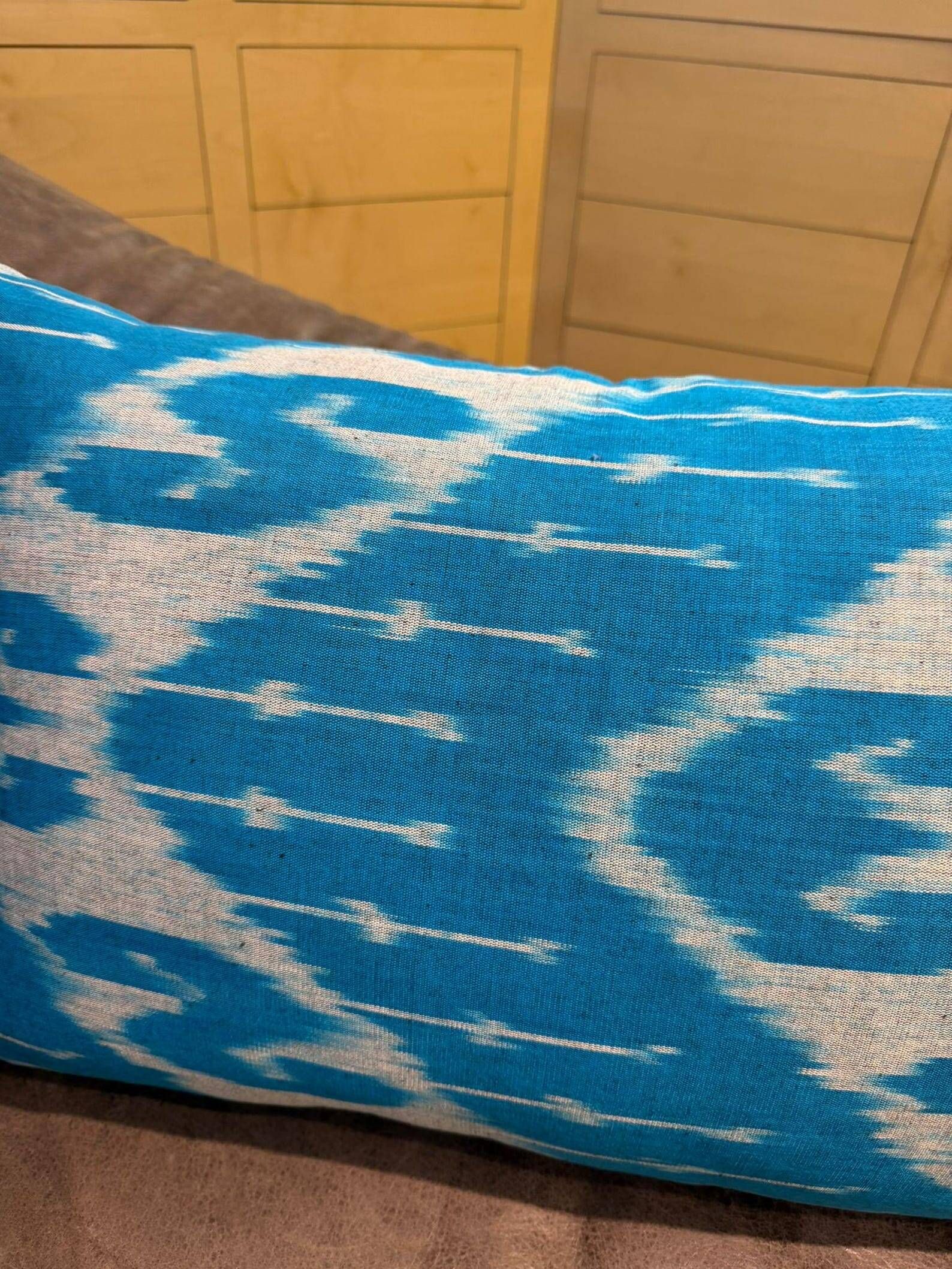 Hand Crafted Silk Ikat Lumbar Cushion Cover, Sky Blue Wave Pillow Case