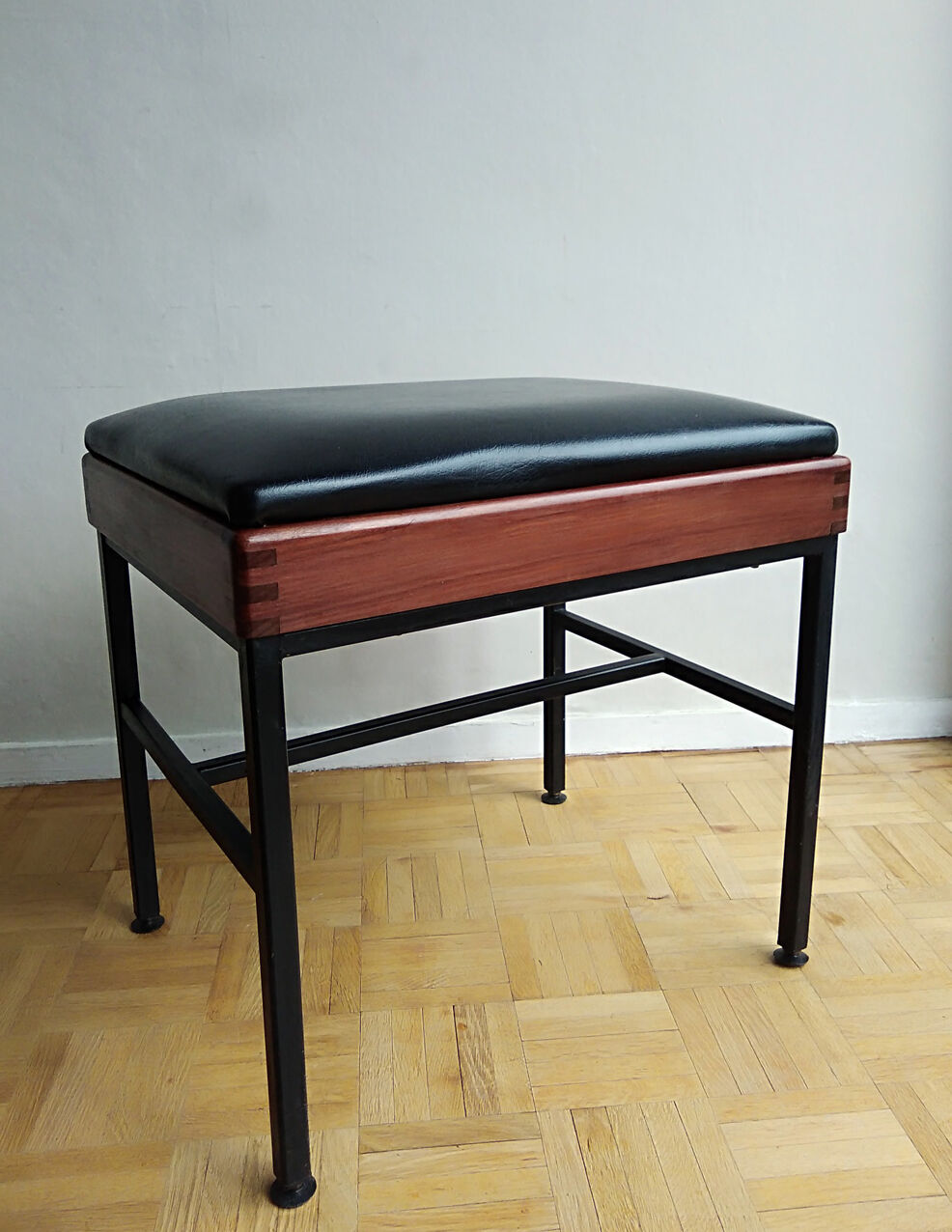 Modernist stool teak metal and black leatherette