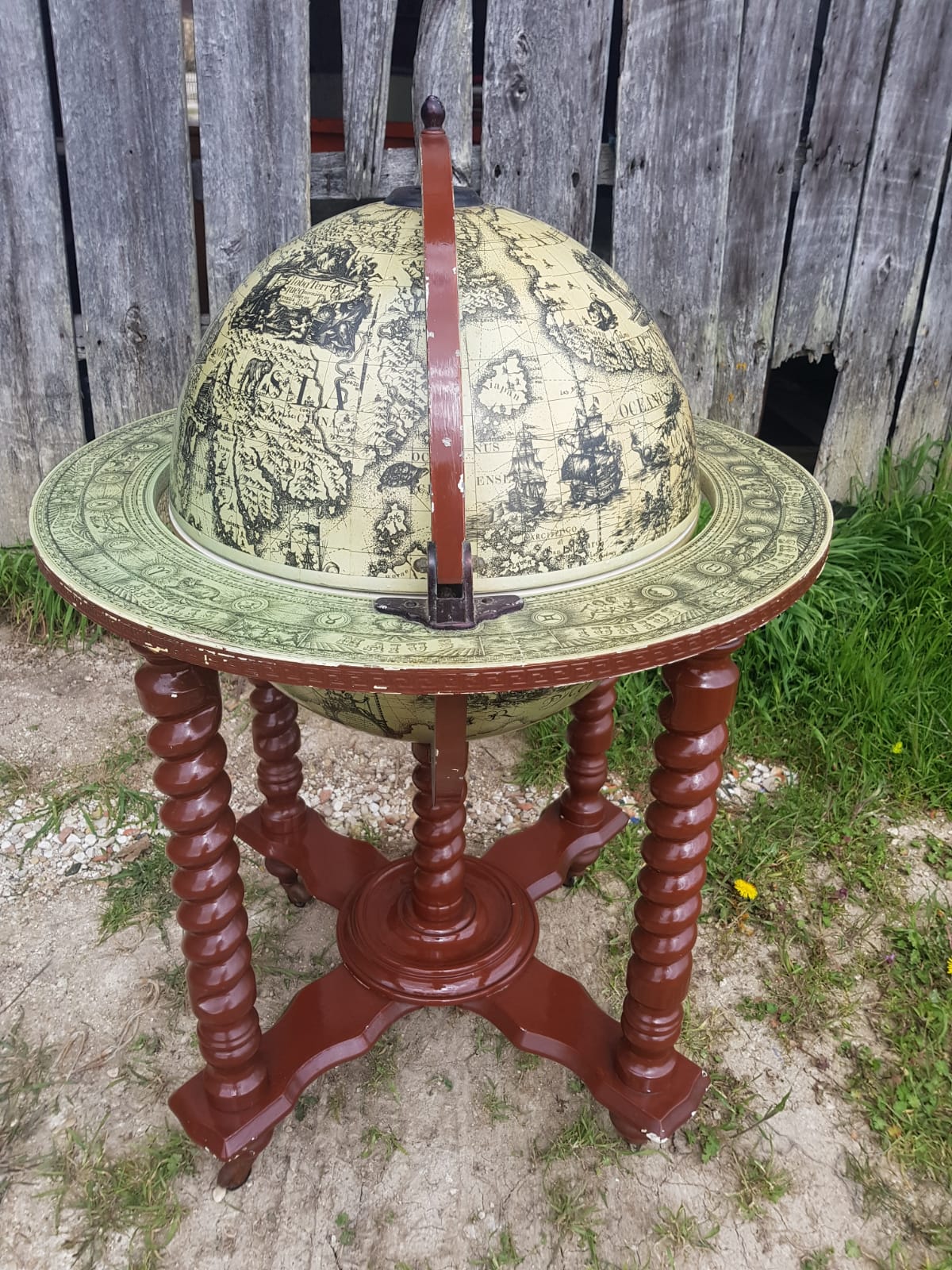 Former Bar Mappemonde Structure Wood Torsadé - Globe Metal Turning Vintage