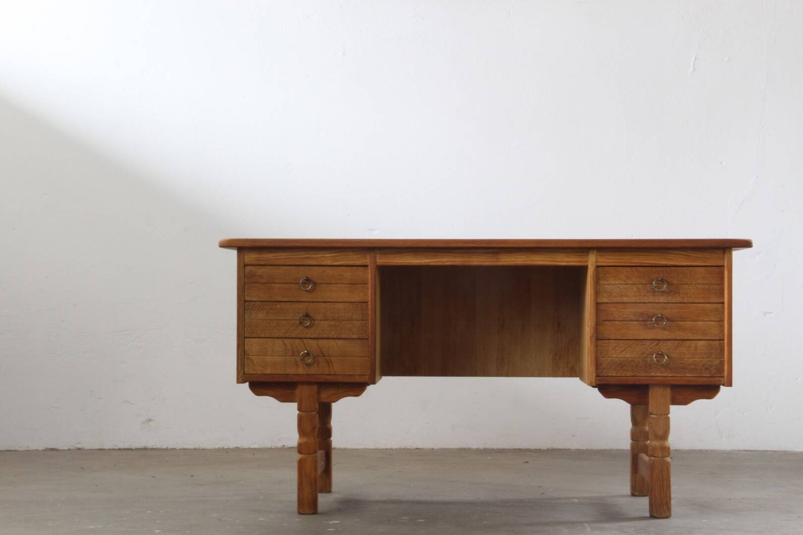 Vintage Mid-Century Oak Desk with 6 Drawers, Open Back, Kjærnulf Style