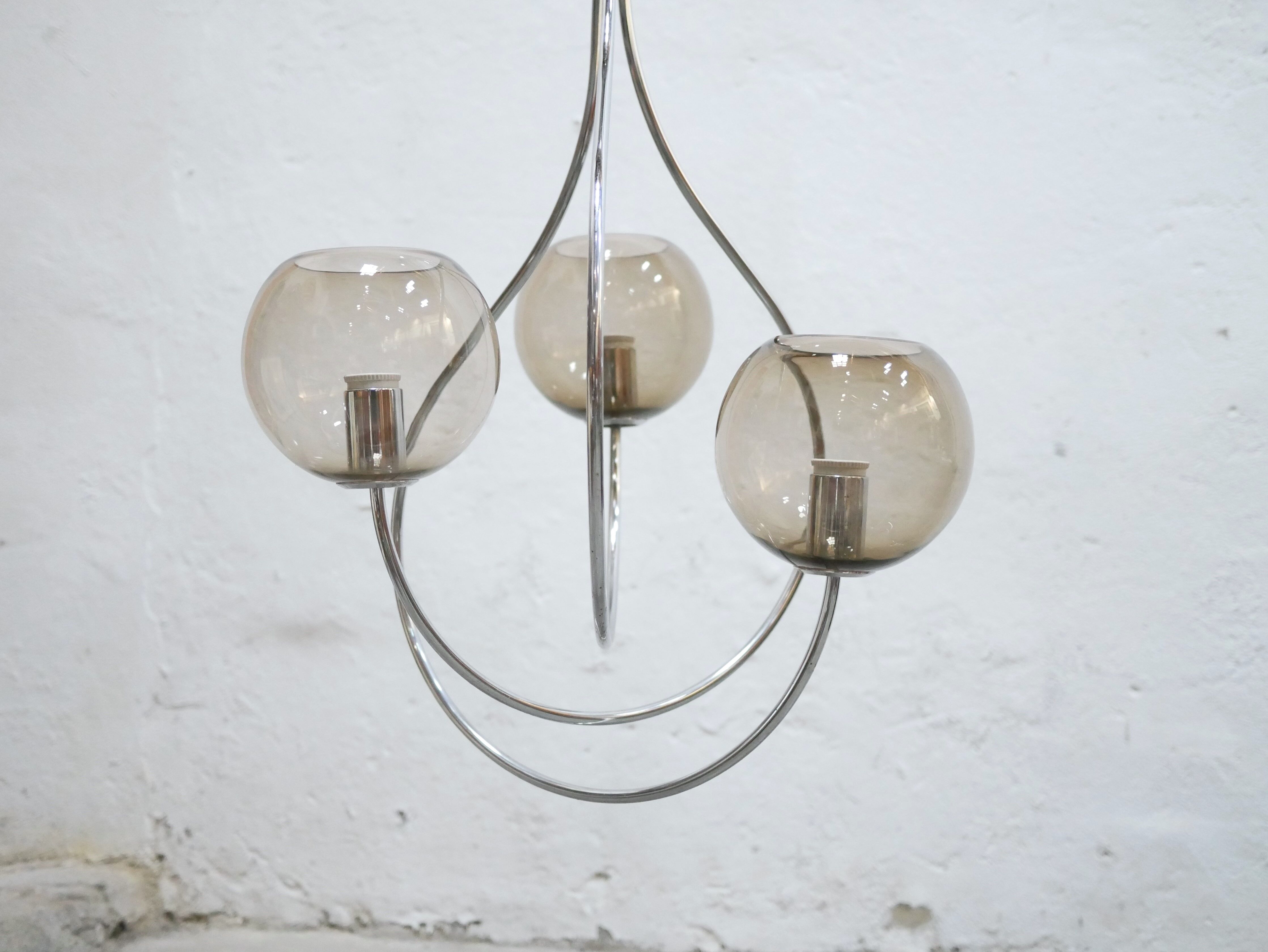 Vintage chandelier in chromed metal and smoked glass