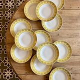 Lot de 12 assiettes creuses vintage jaunes, blanches et dorées