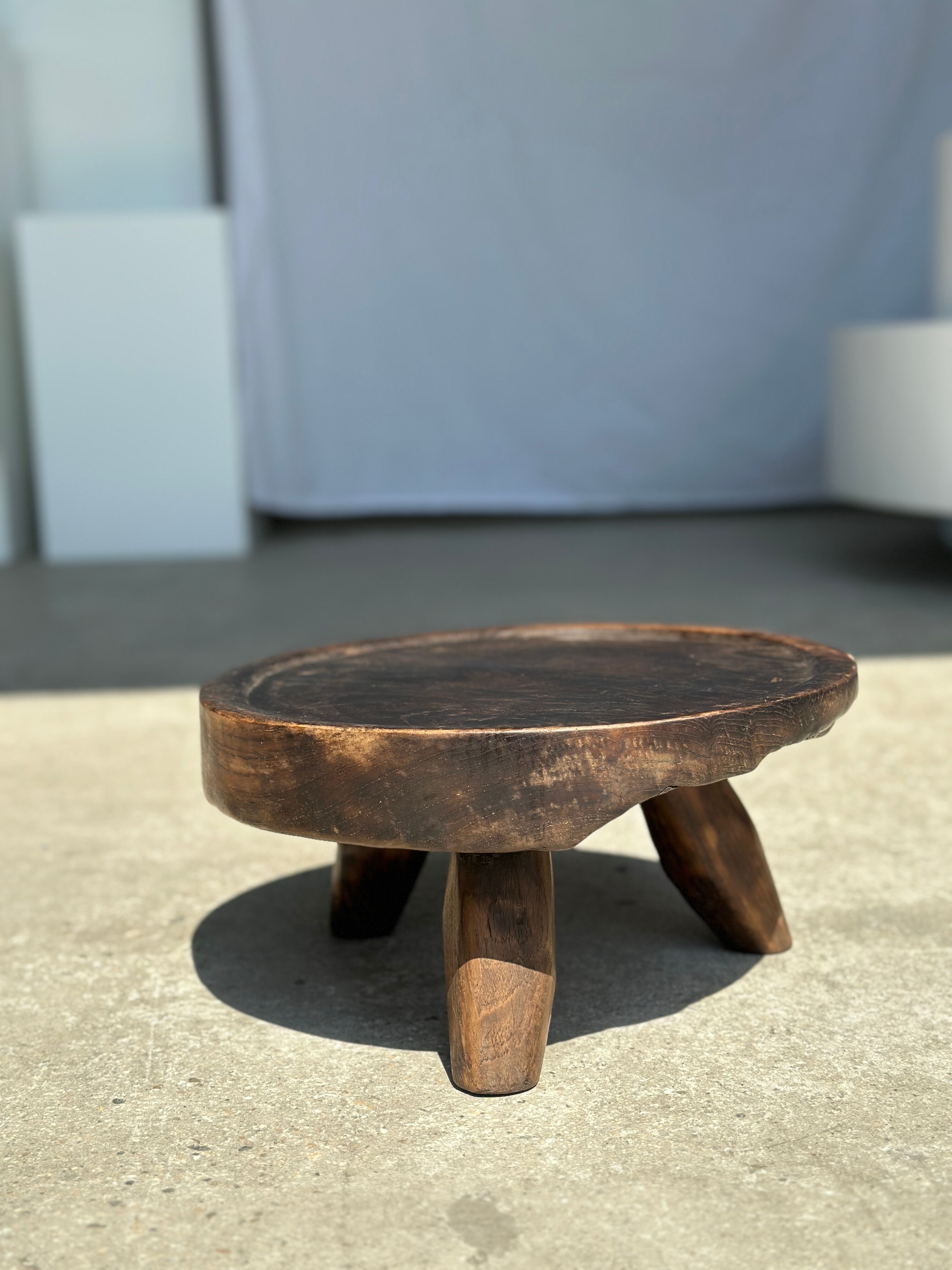 Small tripod stool low in dark brown upcycled teak